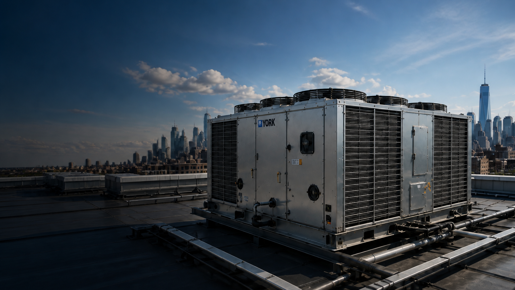 Large YORK commercial rooftop HVAC unit with the New York City skyline
